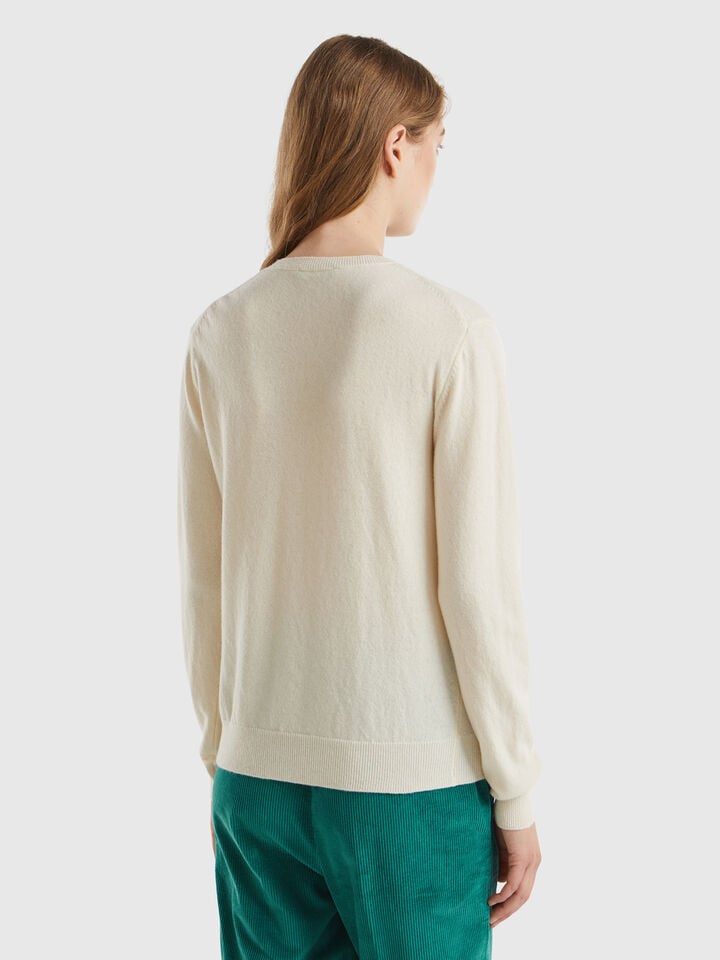 Benetton Cream Crew Neck Sweater In Merino Wool Creamy White
