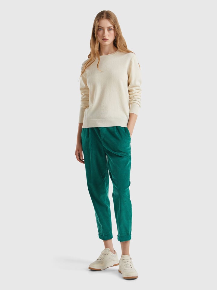 Benetton Cream Crew Neck Sweater In Merino Wool Creamy White