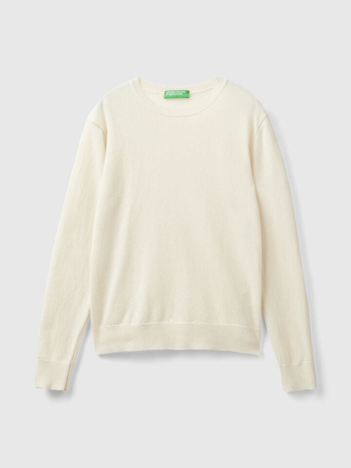 Benetton Cream Crew Neck Sweater In Merino Wool Creamy White