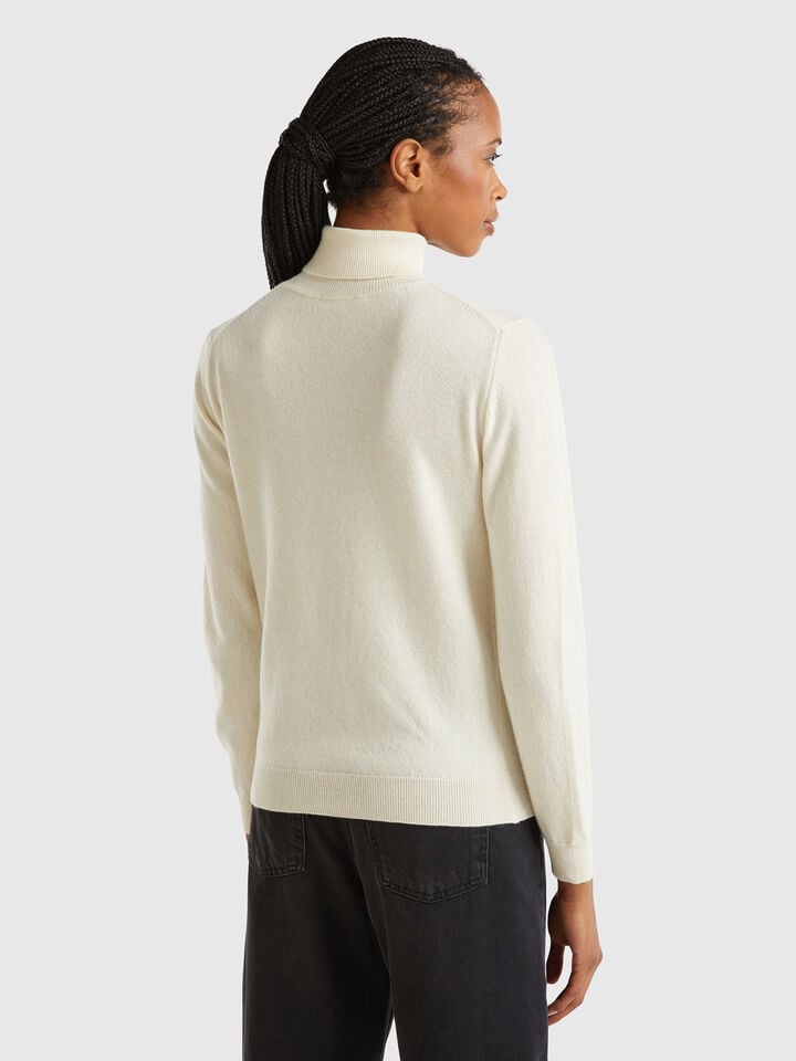 Benetton Cream Turtleneck Sweater In Pure Merino Wool Creamy White