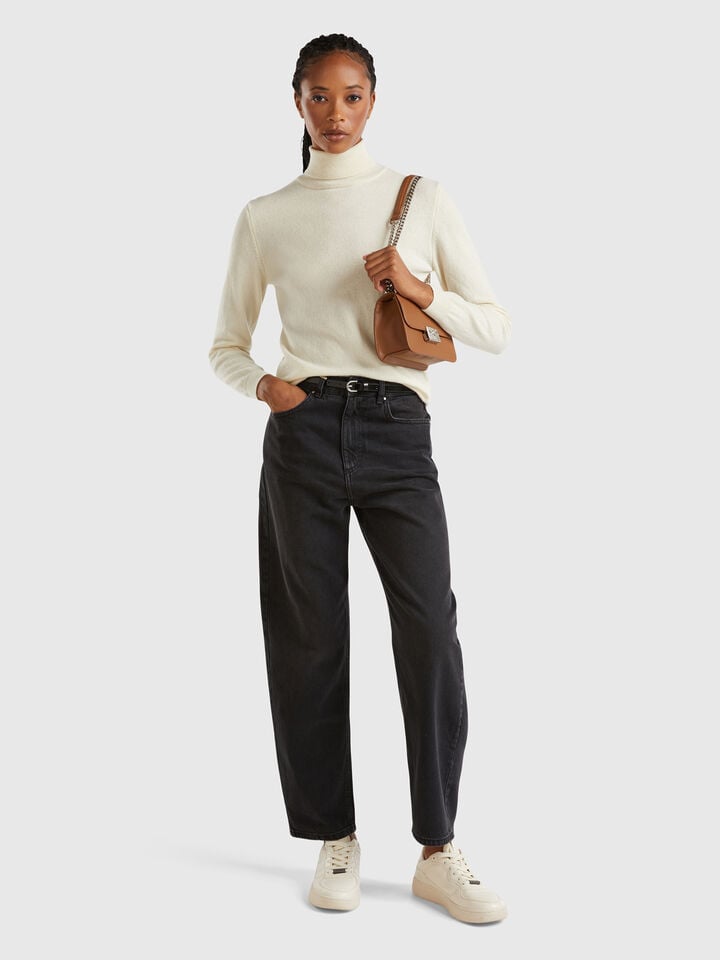 Benetton Cream Turtleneck Sweater In Pure Merino Wool Creamy White