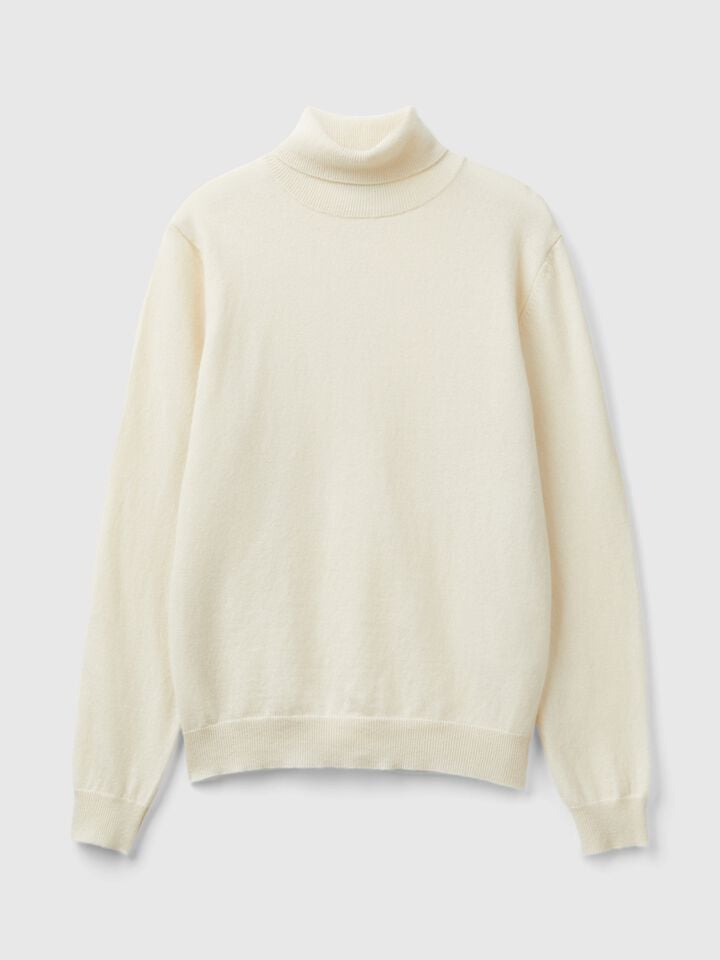 Benetton Cream Turtleneck Sweater In Pure Merino Wool Creamy White