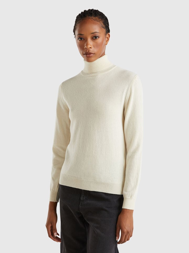benetton Cream turtleneck sweater in pure Merino wool Creamy White