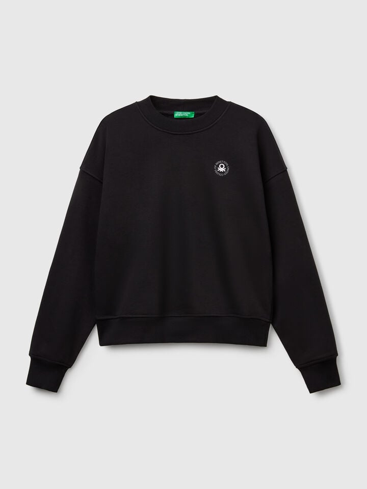 Benetton Crew Neck Sweatshirt In Cotton Blend Black