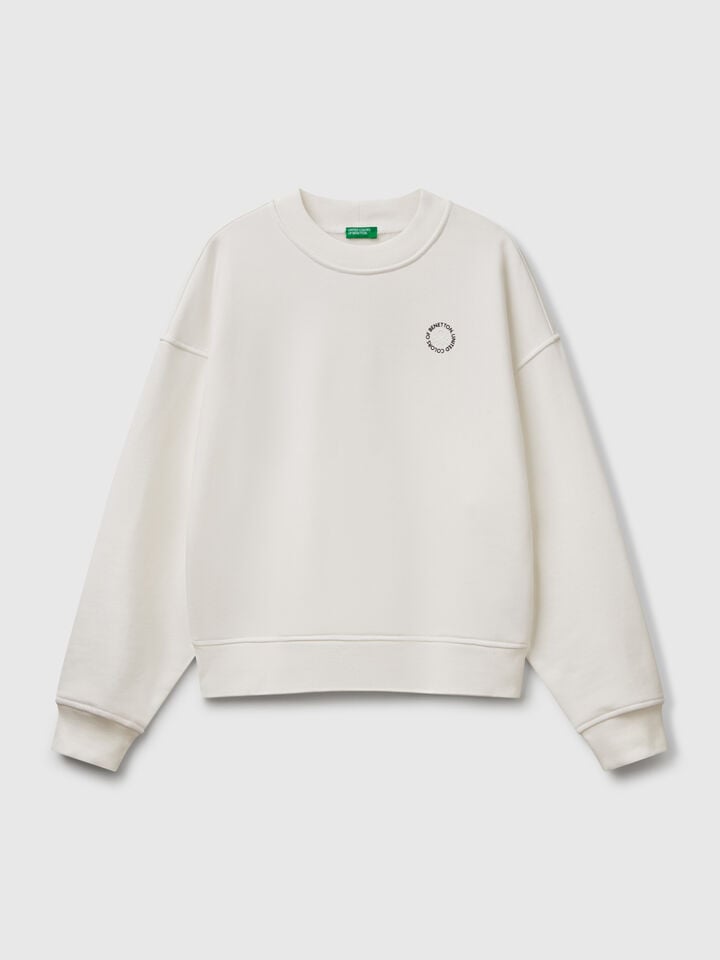 Benetton Crew Neck Sweatshirt In Cotton Blend Creamy White