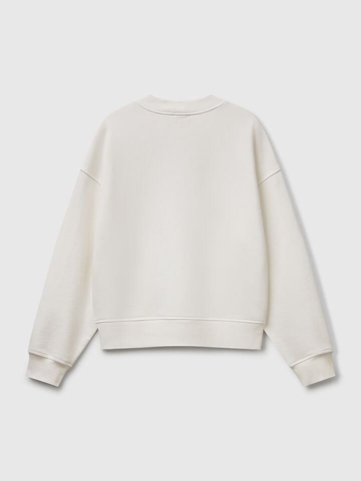 Benetton Crew Neck Sweatshirt In Cotton Blend Creamy White