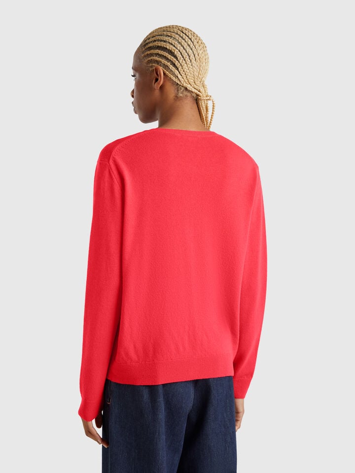 Benetton Cyclamen Crew Neck Cardigan In Pure Merino Wool Cyclamen