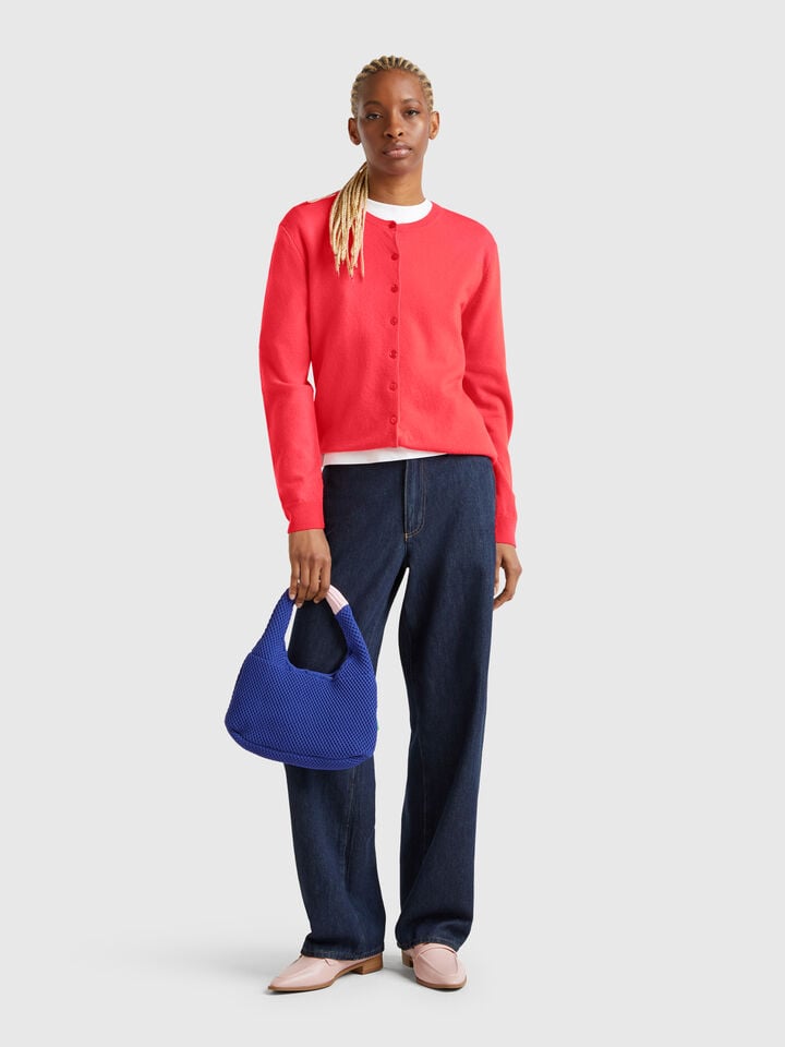 Benetton Cyclamen Crew Neck Cardigan In Pure Merino Wool Cyclamen