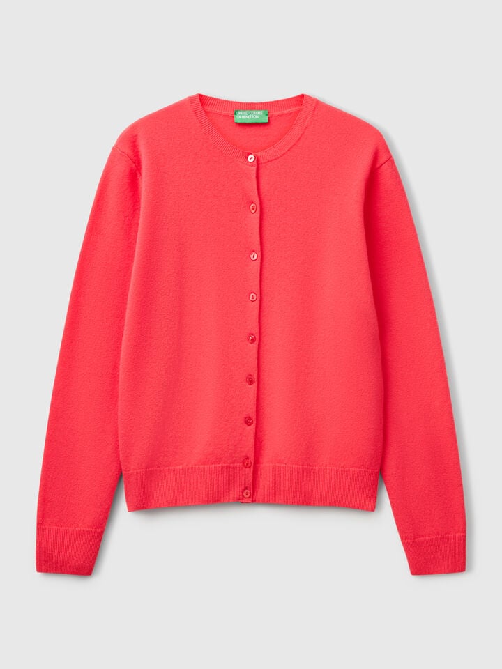 Benetton Cyclamen Crew Neck Cardigan In Pure Merino Wool Cyclamen