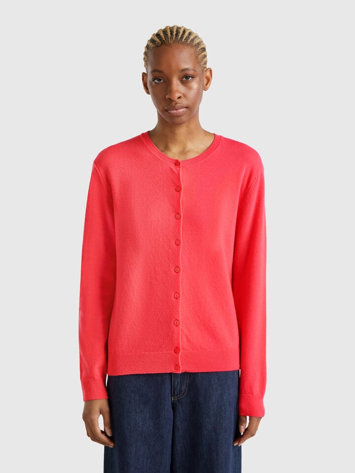 benetton Cyclamen crew neck cardigan in pure Merino wool Cyclamen