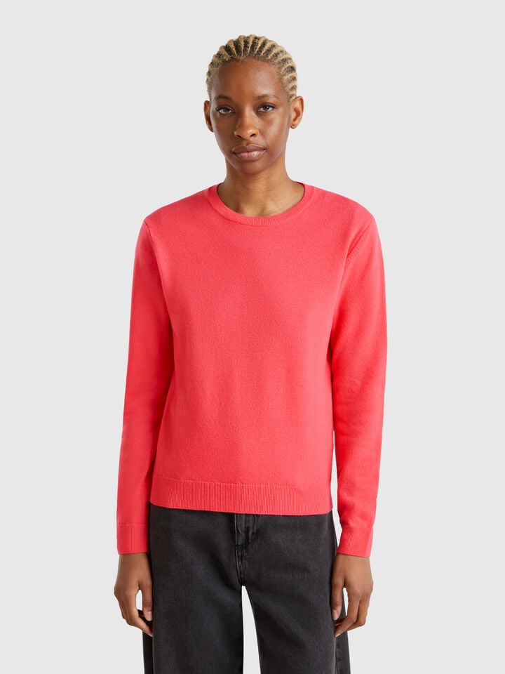 benetton Cyclamen crew neck sweater in Merino wool Cyclamen