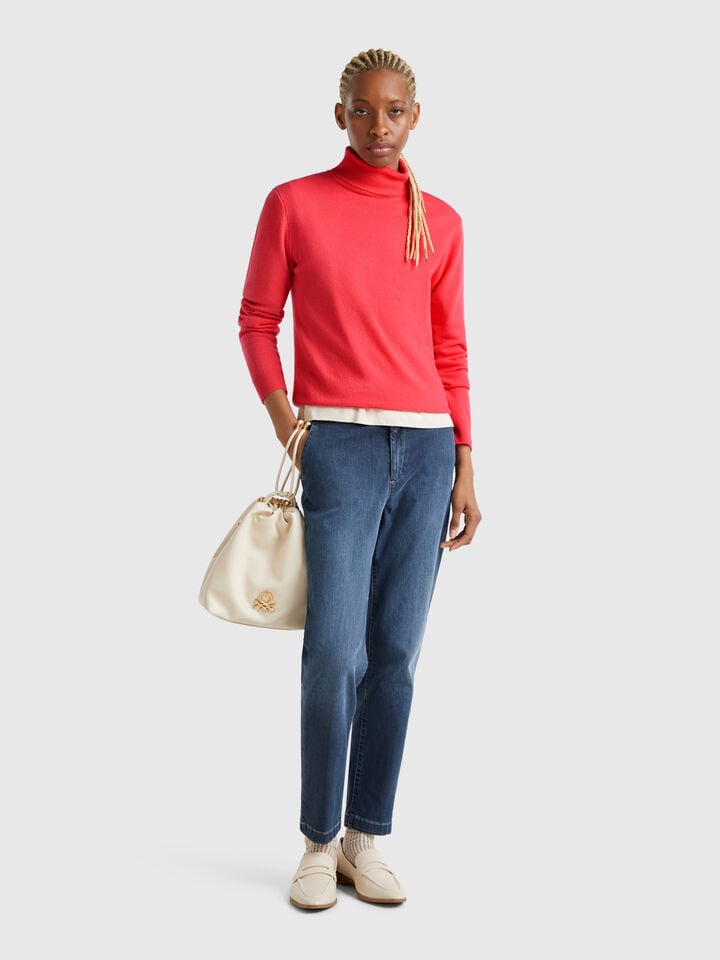 Benetton Cyclamen Turtleneck Sweater In Pure Merino Wool Cyclamen