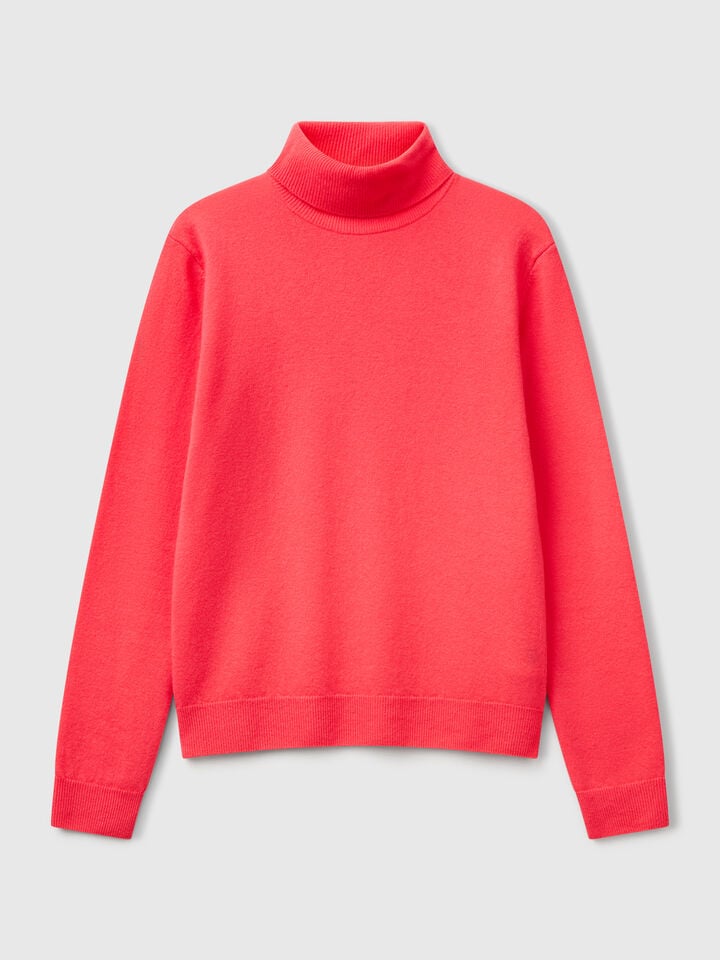Benetton Cyclamen Turtleneck Sweater In Pure Merino Wool Cyclamen