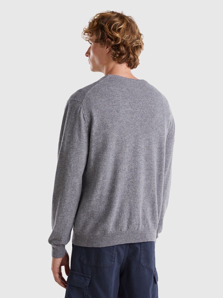 Benetton Dark Gray Sweater In Pure Merino Wool Dark Gray