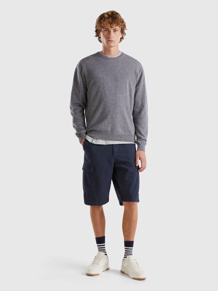 Benetton Dark Gray Sweater In Pure Merino Wool Dark Gray