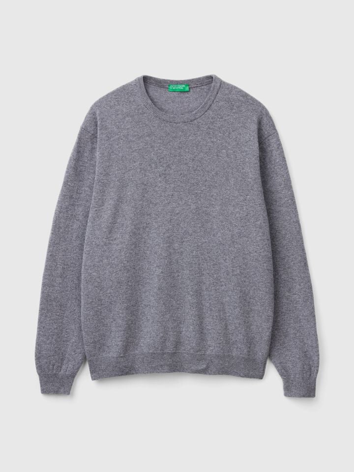 Benetton Dark Gray Sweater In Pure Merino Wool Dark Gray