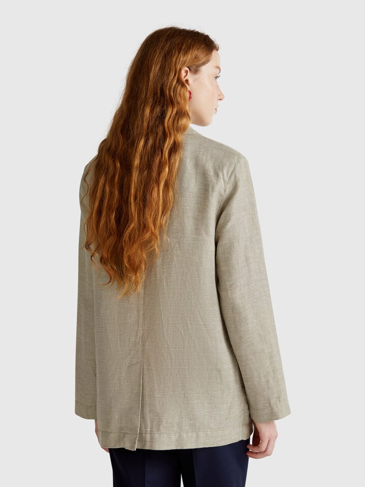Benetton Double-breasted Jacket In Linen Blend Olive Green