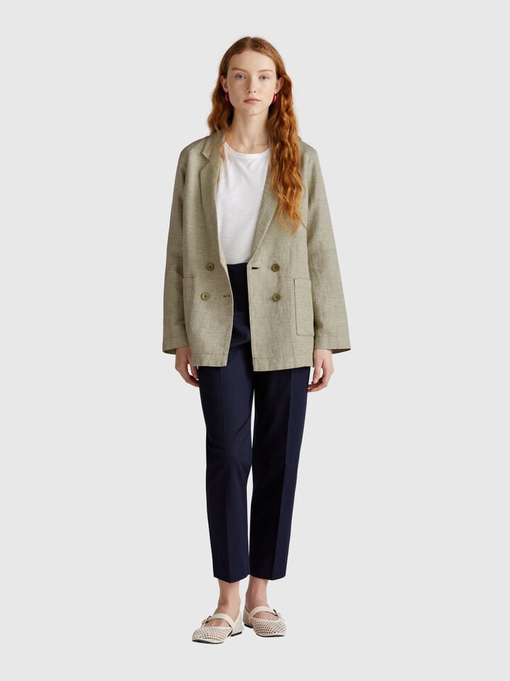 Benetton Double-breasted Jacket In Linen Blend Olive Green