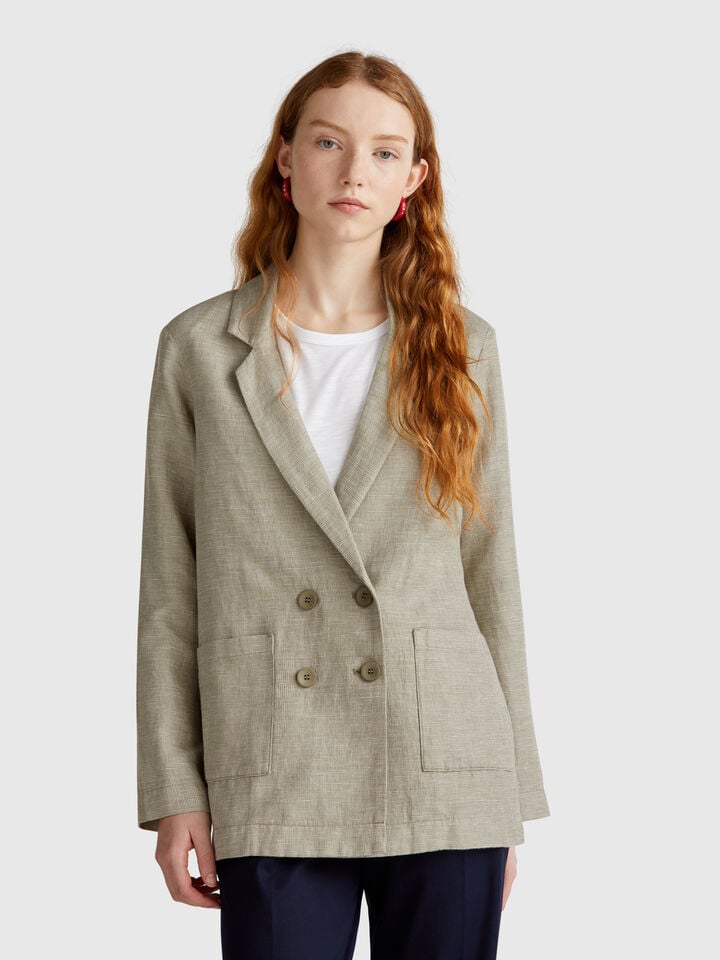 benetton Double-breasted jacket in linen blend Olive Green