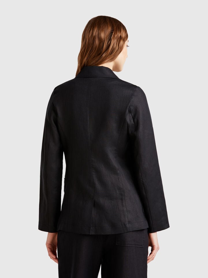 Benetton Double-breasted Jacket In Pure Linen Black