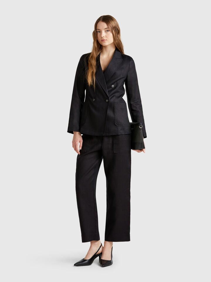 Benetton Double-breasted Jacket In Pure Linen Black