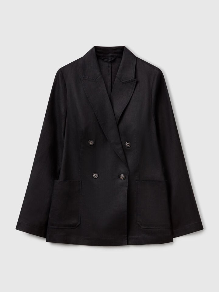 Benetton Double-breasted Jacket In Pure Linen Black
