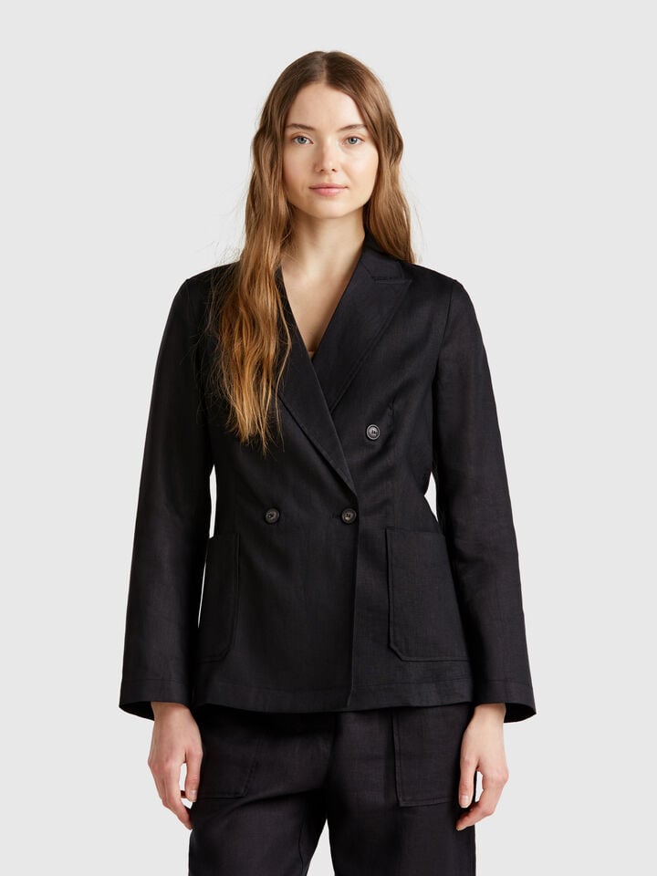 benetton Double-breasted jacket in pure linen Black
