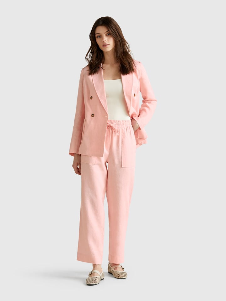 Benetton Double-breasted Jacket In Pure Linen Soft Pink