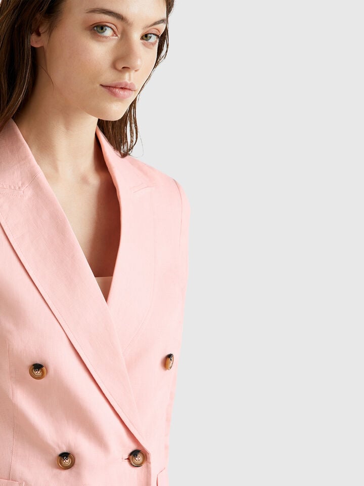 Benetton Double-breasted Jacket In Pure Linen Soft Pink