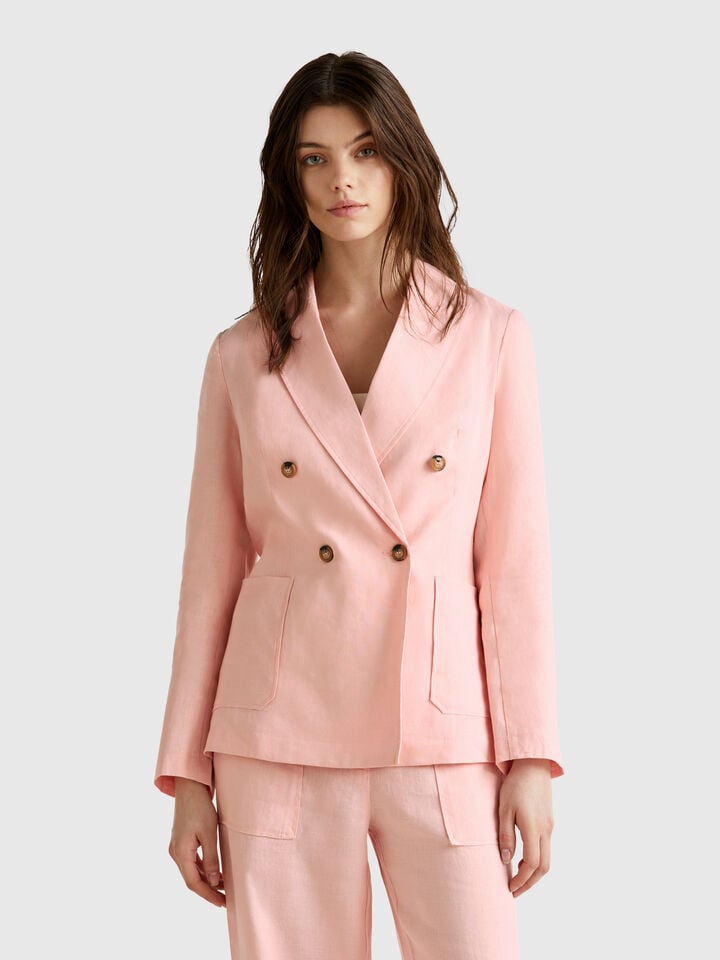 benetton Double-breasted jacket in pure linen Soft Pink