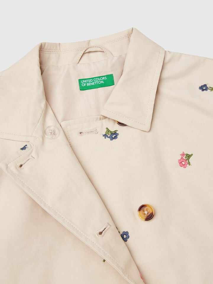 Benetton Double-breasted Trench Coat With Flowers Beige