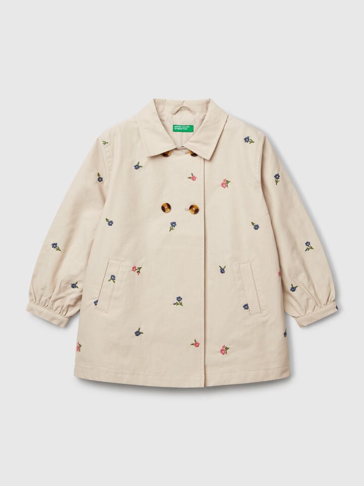 benetton Double-breasted trench coat with flowers Beige