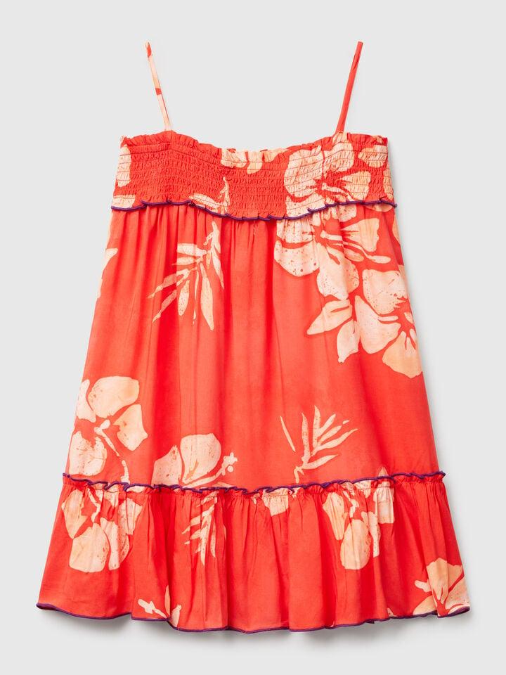 Benetton Flowy Dress With Flower Print Orange Coral