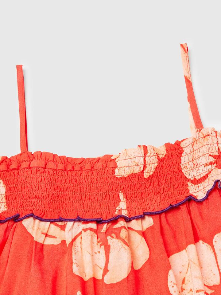 Benetton Flowy Dress With Flower Print Orange Coral