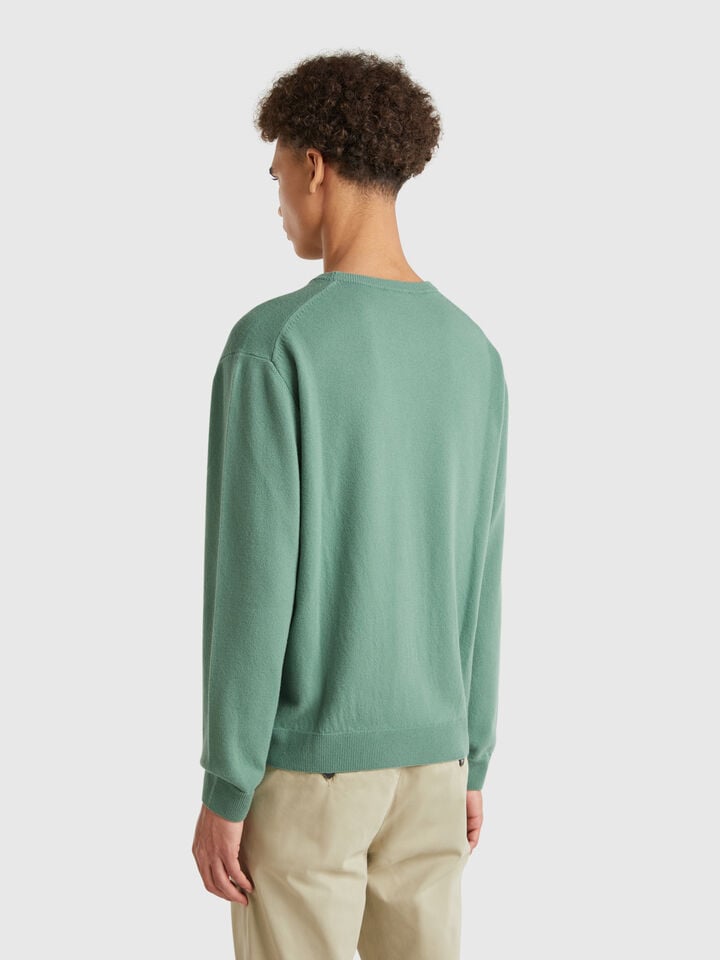 Benetton Forest Green Sweater In Pure Merino Wool Dark Green