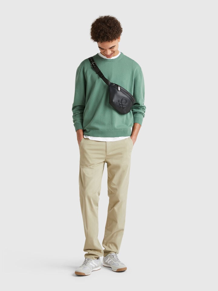 Benetton Forest Green Sweater In Pure Merino Wool Dark Green