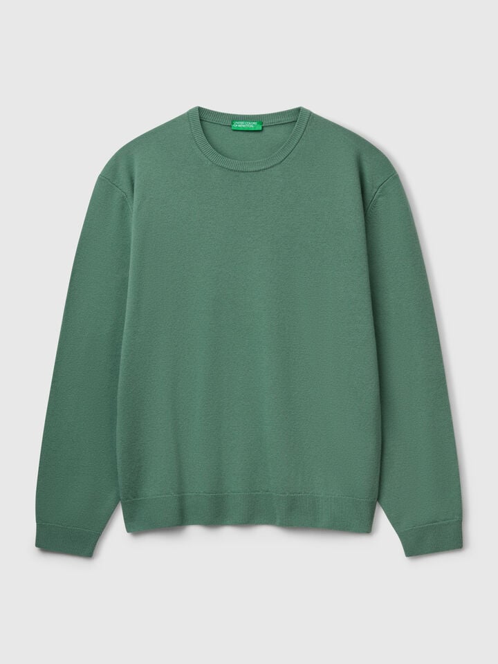 Benetton Forest Green Sweater In Pure Merino Wool Dark Green