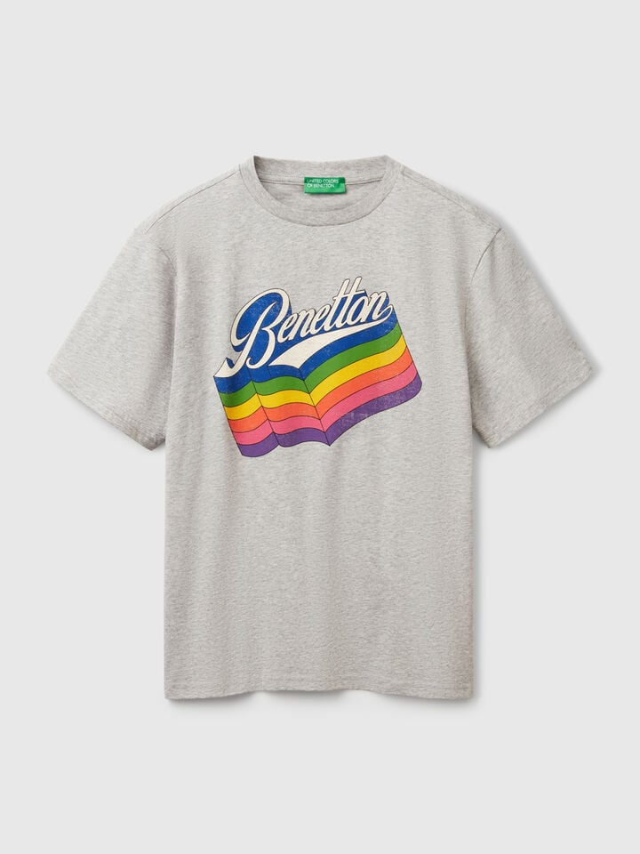 Benetton Gray Cotton T-shirt With Multicolor Logo Gray