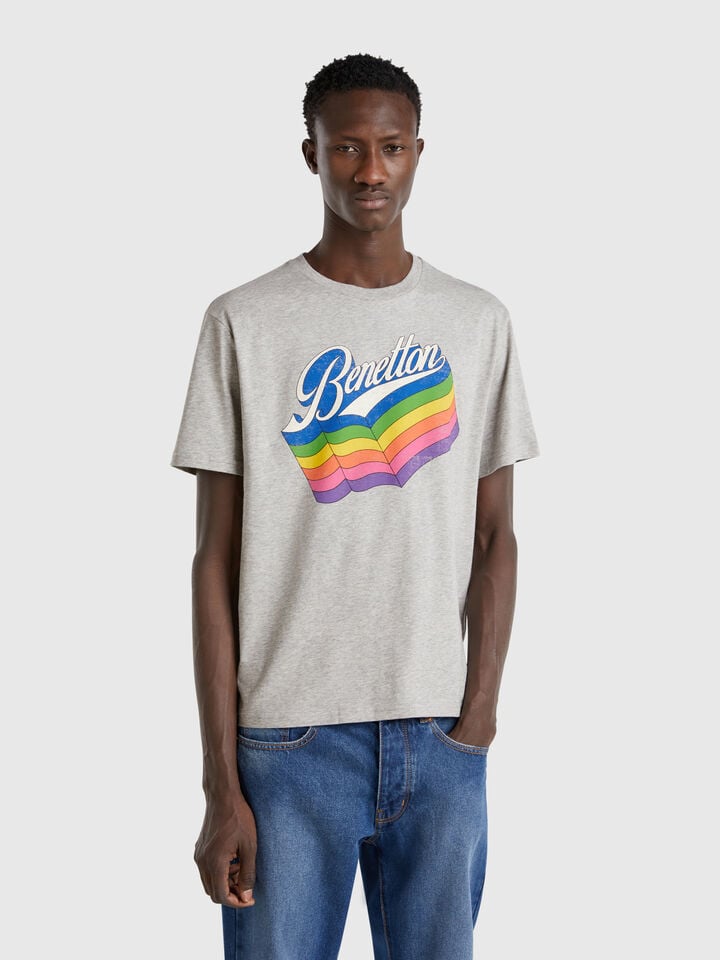 benetton Gray cotton T-shirt with multicolor logo Gray