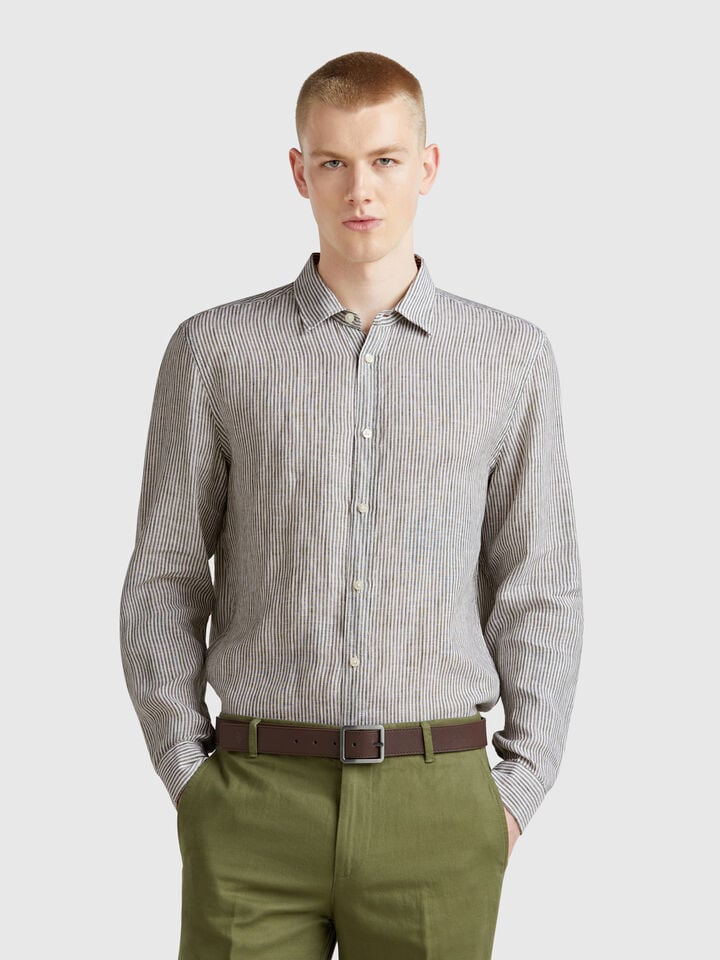 Benetton Green And White Striped Shirt In Pure Linen Military Green