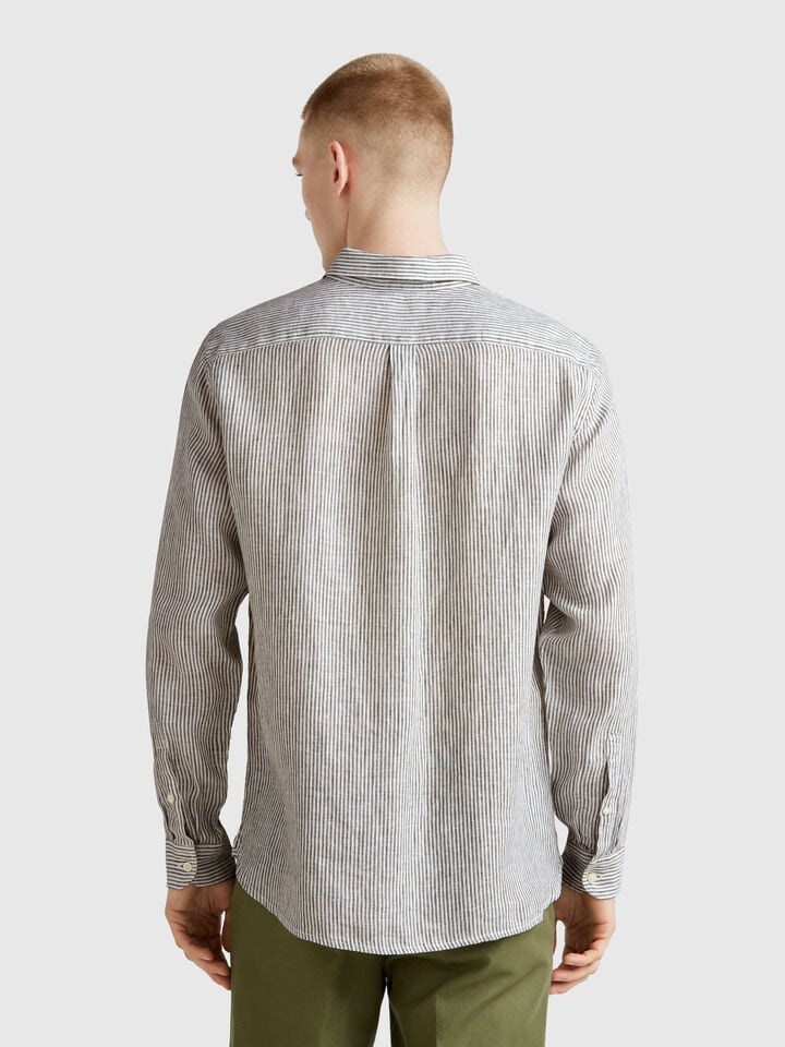 Benetton Green And White Striped Shirt In Pure Linen Military Green