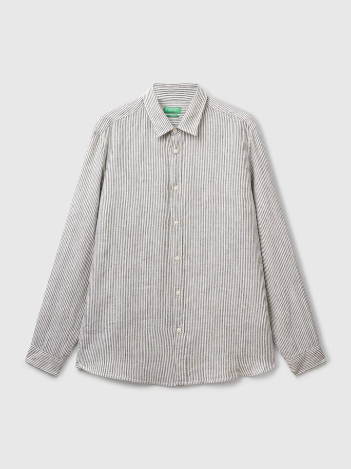 Benetton Green And White Striped Shirt In Pure Linen Military Green