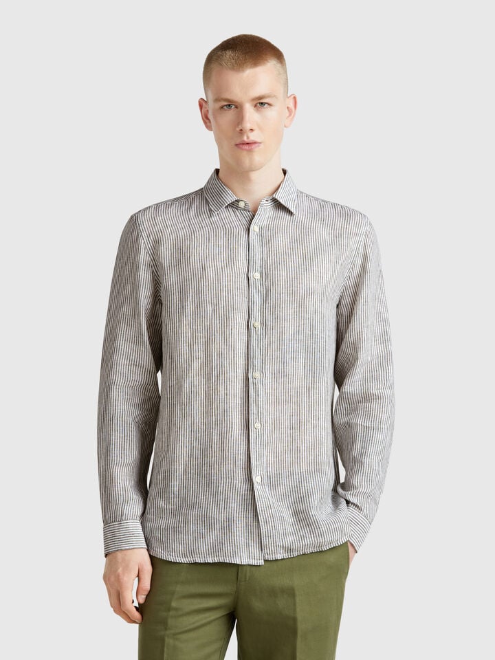 benetton Green and white striped shirt in pure linen Military Green