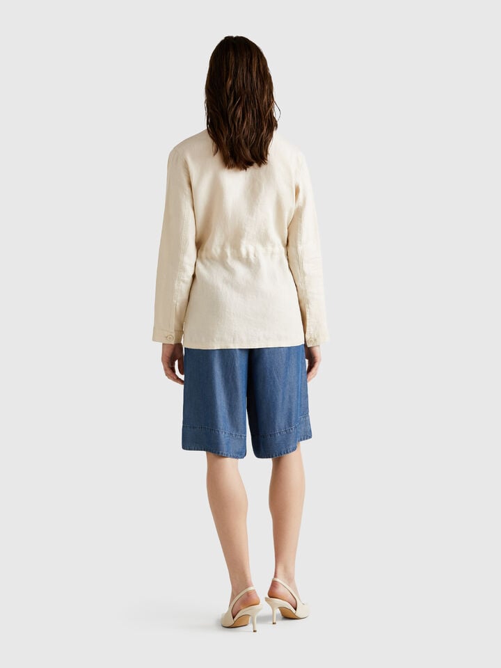 Benetton Jacket With Drawstring In Pure Linen Beige
