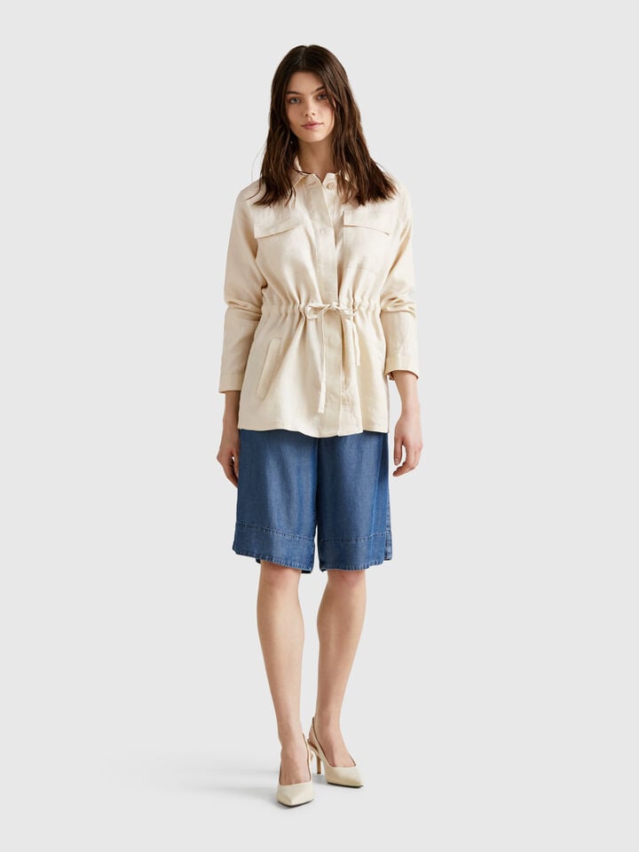 Benetton Jacket With Drawstring In Pure Linen Beige