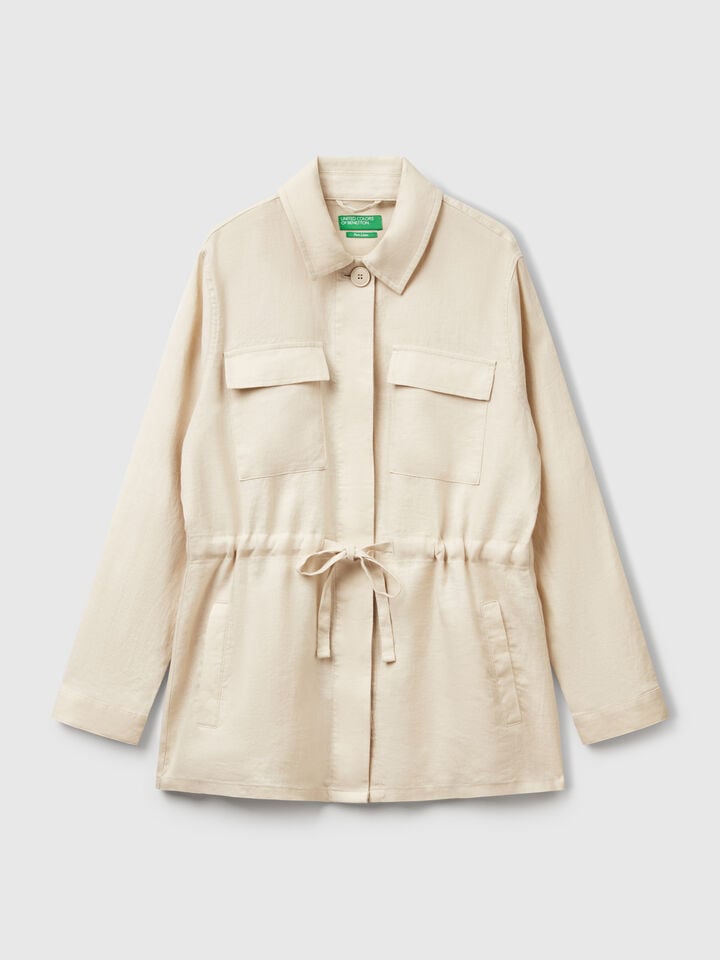 Benetton Jacket With Drawstring In Pure Linen Beige