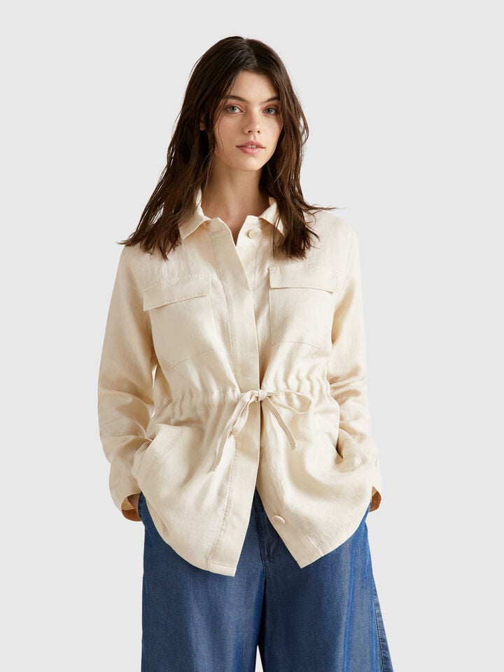 benetton Jacket with drawstring in pure linen Beige