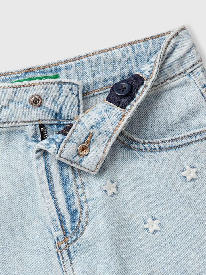 Benetton Jean Shorts With Star Embroidery Light Blue
