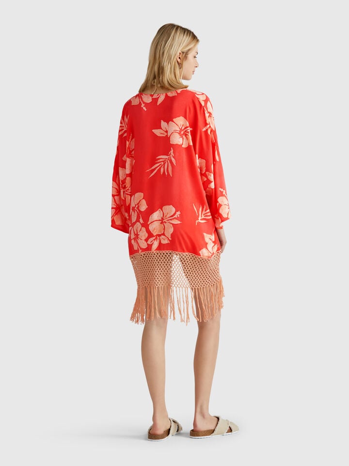 Benetton Kimono Sweater With Floral Print Orange Coral