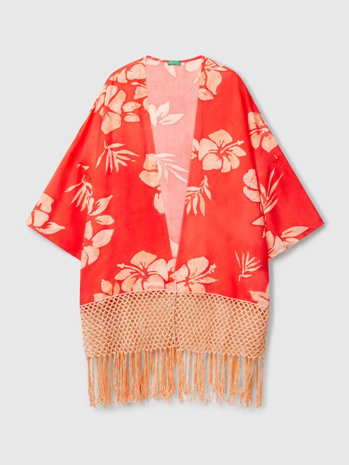 Benetton Kimono Sweater With Floral Print Orange Coral